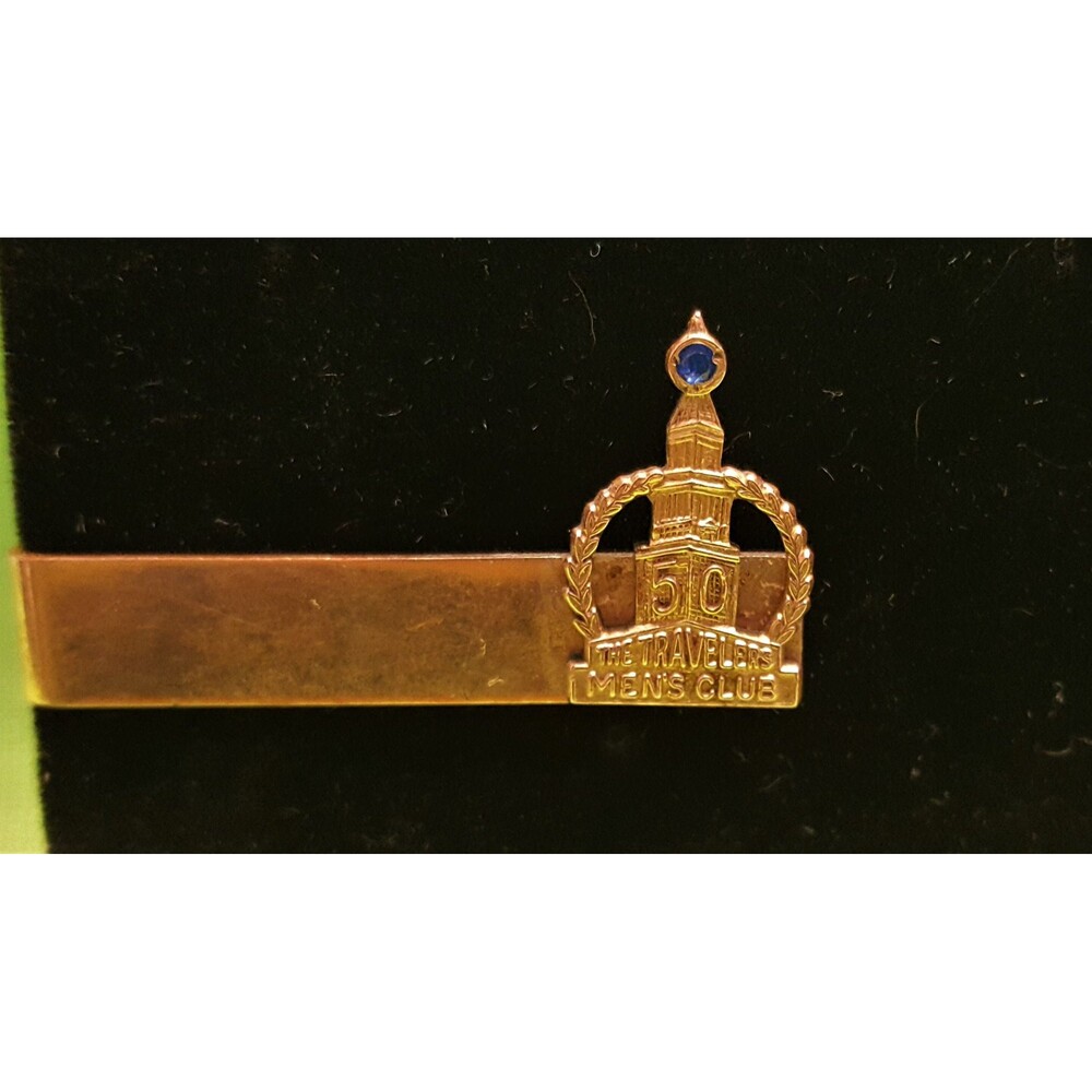 Vintage Gold with Sapphire Travelers 50th Anniversary Mens Club Tie Clasp